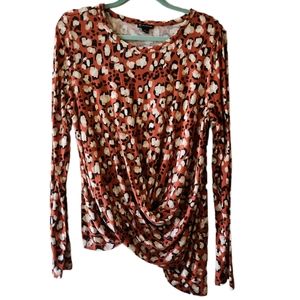 New Directions animal print long sleeve orange ruched asymmetrical XL top